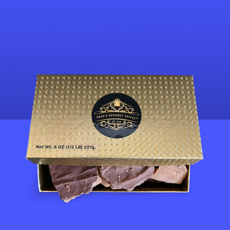 Opened, boxed toffee sample w blue background