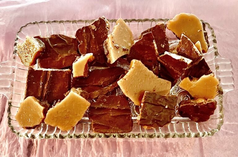 Toffee on a crystal tray w pink parchment